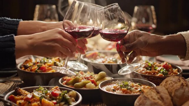 Red wine glass clinking over warm dinner table with hearty food, bread, and cozy meal creating joyful festive atmosphere and memorable moments