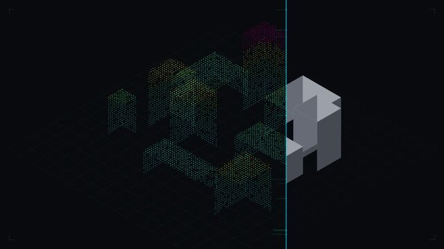 Scanning Isometric Digital Cityscape With Laser Light Effect