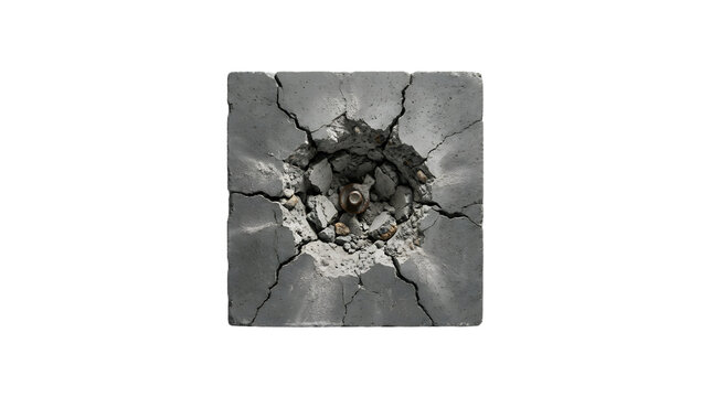 Square concrete tile with a central impact hole isolated on transparent background