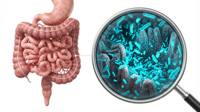 Intestinal Microbes Magnified A detailed illustration of the human digestive system with a magnifying glass revealing a vibrant cluster of microscopic bacteria and microbes within the gut