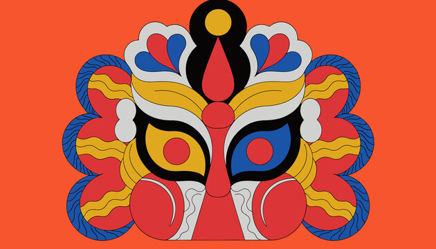 Vibrant Tribal Mask Illustration with Abstract Shapes and Bold Colors on Orange Background