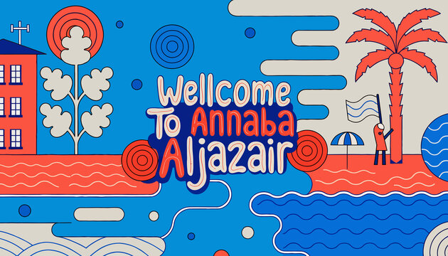 Welcome to Annaba, Algeria: Vibrant Flat Design Illustration of Coastal City and Beach Scene