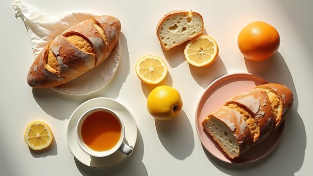 Fresh bread and citrus fruits with a cup of tea on a white table