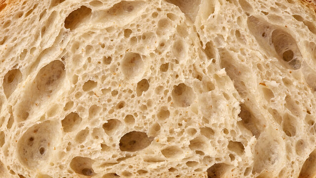 Sourdough bread crumb texture showcases porous air pockets and warm golden wheat tones.