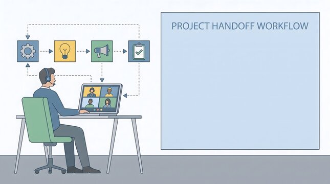 Professional working on a project handoff workflow process at a desk with virtual meeting.