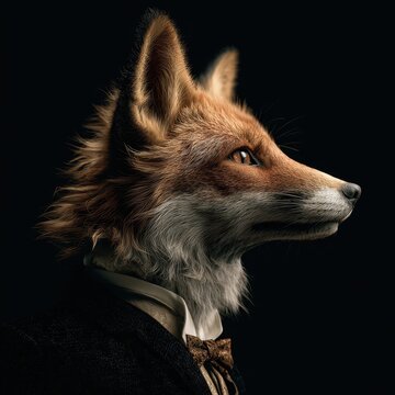Elegant anthropomorphic fox dressed in suit with bow tie and collar, portrait with dark background