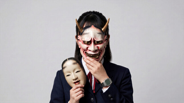 Japanese Woman Holding Noh Mask While Wearing Hannya Mask, Mysterious Dual Identity Concept