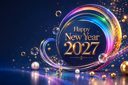 Happy New Year 2027 Golden Text with Iridescent Bubble Rings