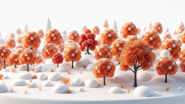Minimalist landscape. Orange trees dot white terrain. Soft lighting creates serene winter scene. Simple shapes, clean design.