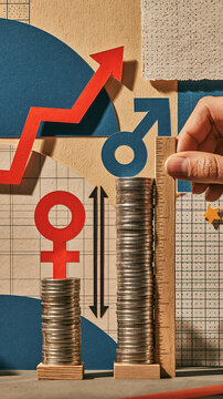 Gender Pay Gap and Inequality: Visualizing the disparity in earnings between genders with stacked coins, an upward trending arrow, and symbolic representations of male and female.