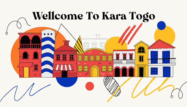Vibrant Geometric Cityscape with "Wellcome To Kara Togo" Text - Modern Abstract Urban Illustration