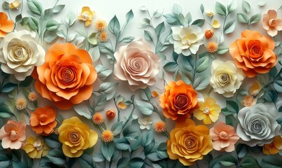 Fototapeta premium Beautiful handmade paper flower arrangement with orange, yellow and green floral craft elements