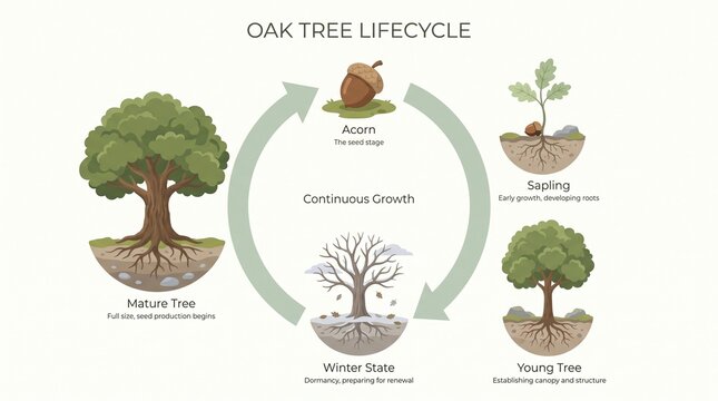 Oak tree lifecycle stages illustration