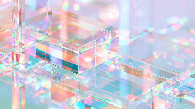 虹色の光が屈折する透明なガラスブロックの抽象背景