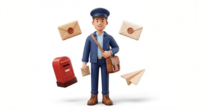 Cute 3D style cartoon postman character standing on isolated white background holding bag with envelopes and red mailbox
