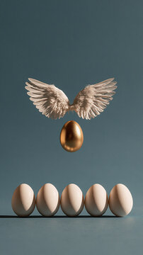 Golden Egg of Opportunity: A single golden egg, adorned with ethereal wings, hovers above a row of ordinary eggs, symbolizing unique potential and the pursuit of exceptional opportunities.