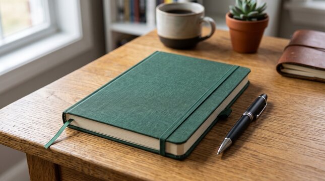 A green hardcover notebook with an elastic band sits on a wooden desk next to a pen, a mug of coffee, and a small succulent plant, suggesting a workspace for writing or planning.
