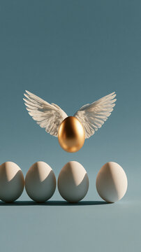 Golden Egg Ascends: A single golden egg with majestic wings takes flight above a row of ordinary white eggs, symbolizing uniqueness, ambition, and the pursuit of dreams.