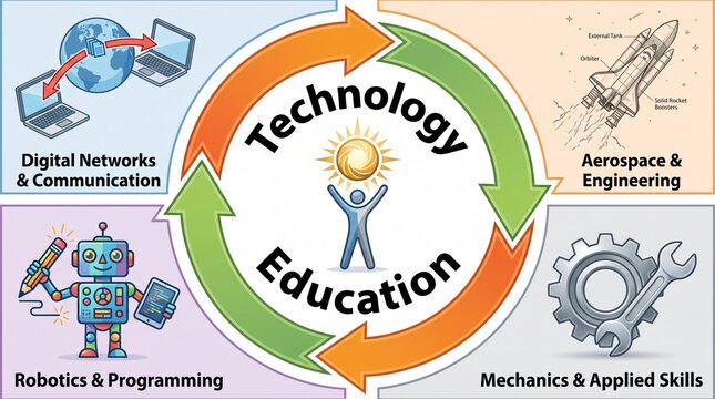 Technology education infographic with student and four fields