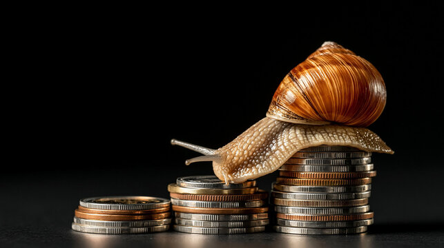 Slow Financial Growth: A snail ascends a progressively taller stack of coins, symbolizing slow and steady financial progress or the challenges of economic advancement.