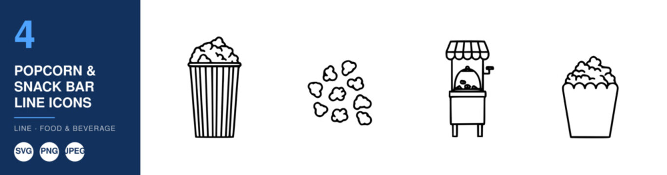 Popcorn and Snack Bar Line Icons, Including a Full Bucket, Scattered Kernels, a Popcorn Machine, and a Snack Cup.