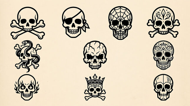 Set of various human skull illustrations with decorative elements, craniology