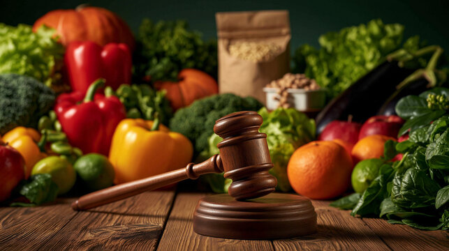 Food Law and Justice: A wooden gavel rests on a rustic table, surrounded by a vibrant array of fresh vegetables and fruits, symbolizing the intersection of food policy and healthy eating.