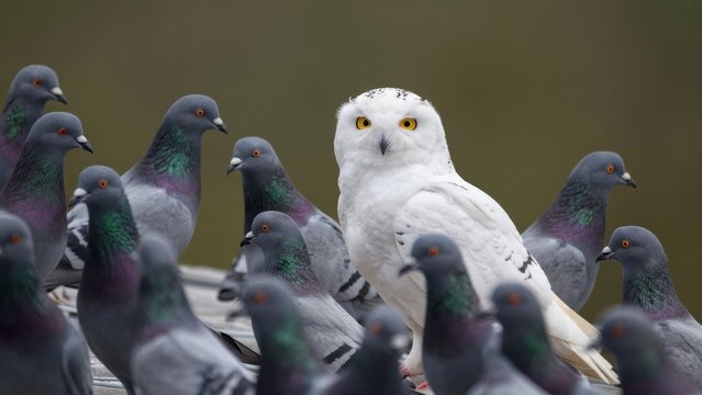 Unique white owl standing out among a flock of gray pigeons