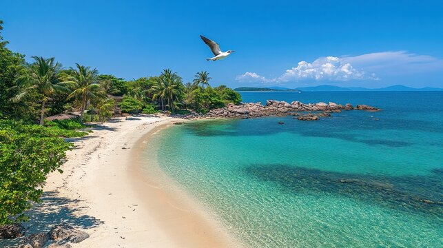 A bird soars over a sunlit tropical beach with turquoise water and lush trees