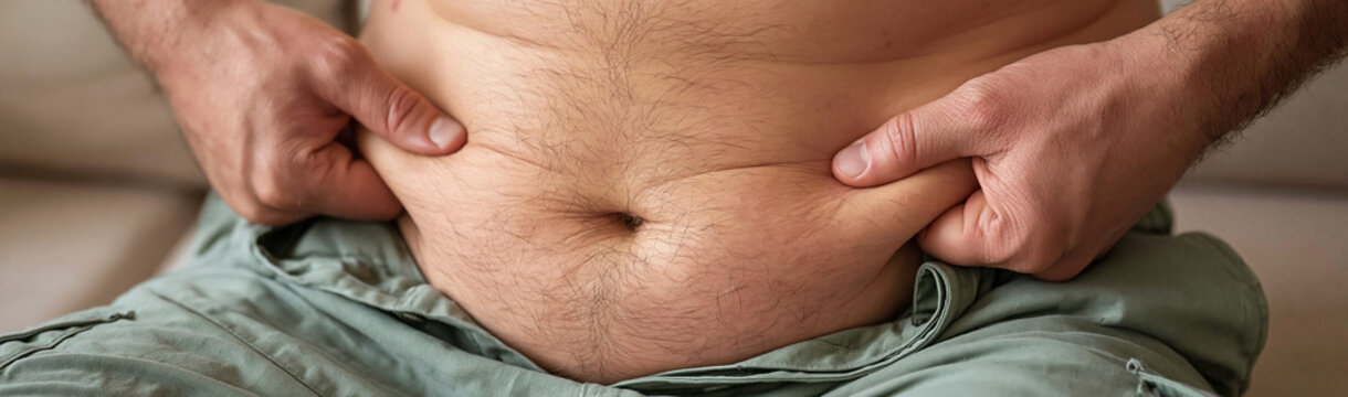 Excessive Fat on Belly: A person is shown pinching excessive fat on their belly, symbolizing the struggle with weight and obesity.