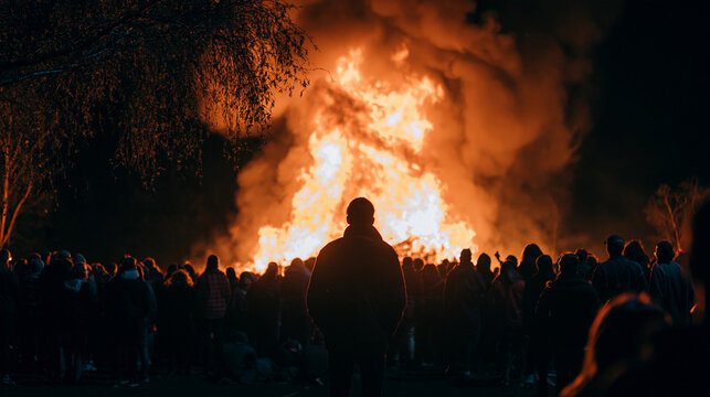 A photograph of a large crowd of silhouetted people gathered in the dark, watching a massive bonfire with bright flames and glowing embers lighting up the night.