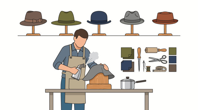 Professional milliner steam shaping felt hat on wooden block in artisanal workshop crafting studio environment with skilled milliner using steam shape
