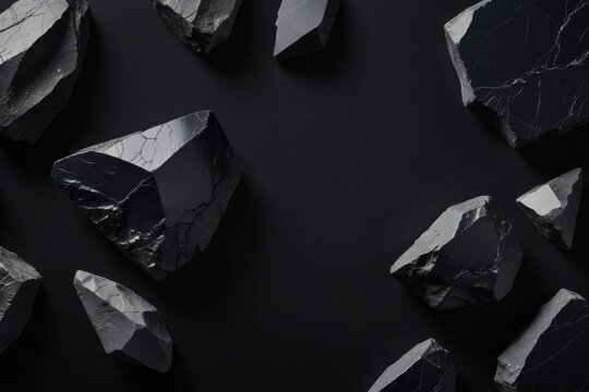 Close-up of black obsidian rocks with sharp edges and glossy reflective surfaces arranged on dark background, highlighting volcanic glass texture and striking natural detail.