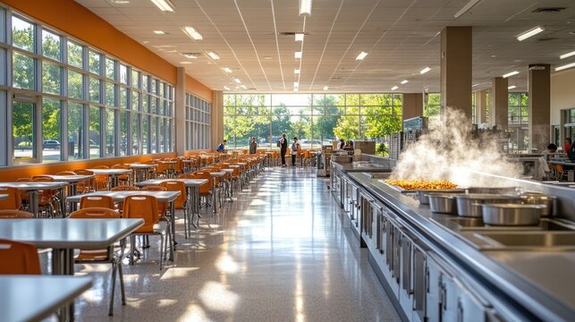 A bright school cafeteria with rows of tables and a steaming food serving line