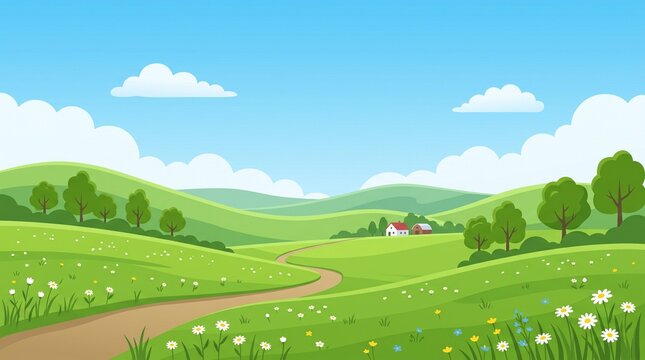 Sunlit green meadow with wildflowers and rolling hills under blue sky