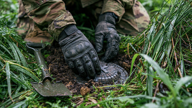 A soldier in camouflage uniform and tactical gloves carefully uncovers a round, metallic anti-personnel landmine buried in the dirt among tall green grass.
