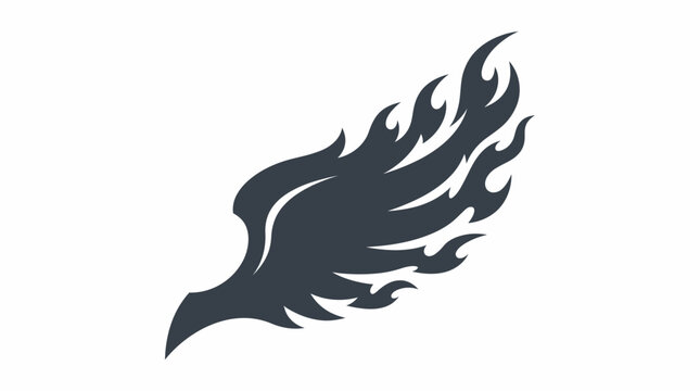 Stylized wing silhouette featuring dynamic flame patterns isolated against a clean solid white background with dark gray vector graphic abstract wing shape fiery edges