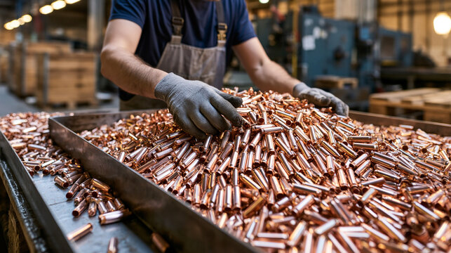 A close-up photograph of a factory worker wearing gloves, sorting and inspecting a large bin filled with a pile of copper bullet casings in an industrial plant.