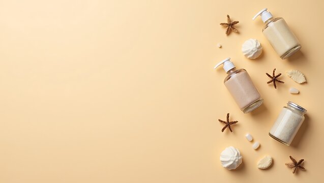 Natural skincare products with starfish and sea shells on beige background