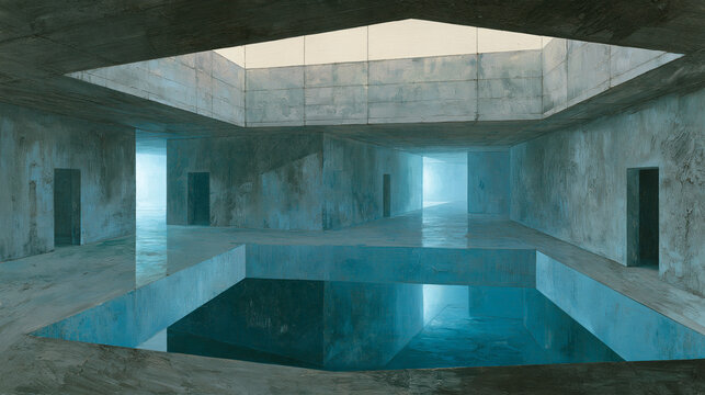 A cinematic digital architectural rendering of a brutalist underground concrete hall featuring a central indoor pool and a large overhead skylight illuminating.
