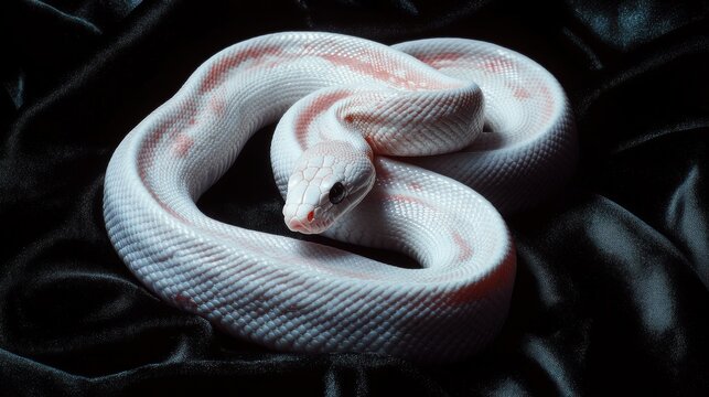 A coiled white and pink snake rests elegantly upon a smooth, dark satin fabric