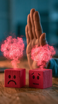 Stop Negative Energy: A hand is held up in a gesture to stop, blocking two red blocks with sad faces and red smoke, symbolizing the rejection of negative emotions or thoughts.