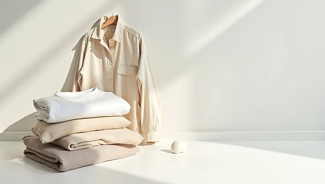 Minimalist composition of folded neutraltoned clothing and a shirt
