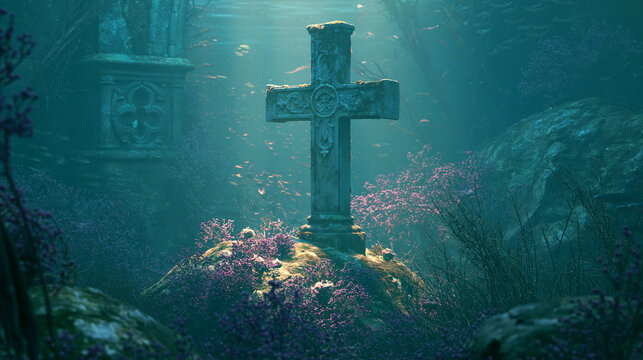 A cinematic digital artwork of a stone Christian cross standing on the deep ocean floor with mysterious light filtering down through the dark blue water.