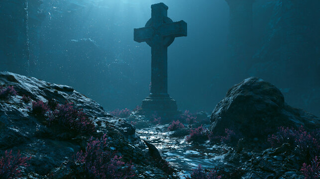 A cinematic digital artwork of a stone Christian cross standing on the deep ocean floor with mysterious light filtering down through the dark blue water.