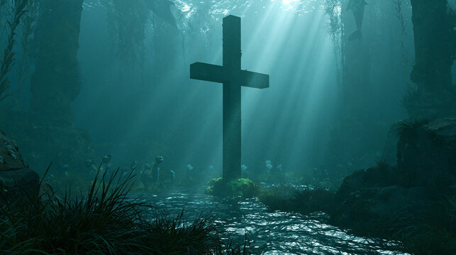 A cinematic digital artwork of a stone Christian cross standing on the deep ocean floor with mysterious light filtering down through the dark blue water.