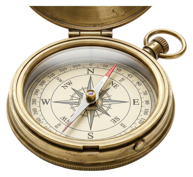 Vintage Brass Magnetic Compass Isolated on White