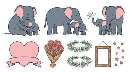 Cute Elephant Family Illustration Set with Baby Elephants, Floral Wreaths, Heart Banner, Bouquet, Picture Frame, and Romantic Decorations © Priyanka