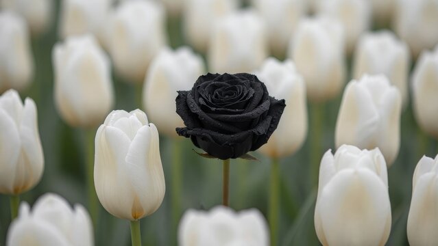 Black Rose Among White Tulips in Lush Garden Setting