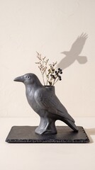 Obraz premium Decorative Raven Sculpture Vase Holding Dried Flowers With A Distinct Bird Shadow Casting On A Wall Creating Artistic Interior Design Decor Elements For Seasonal Home Ornamentation And Styling